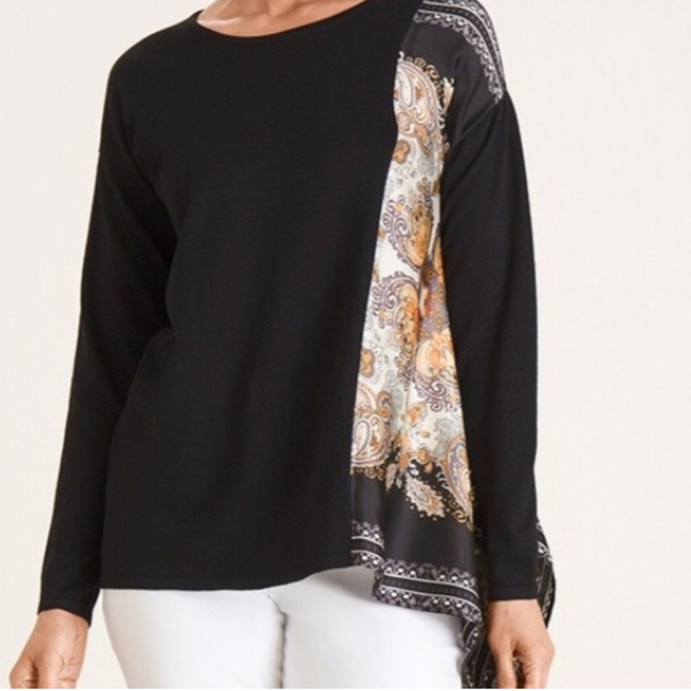 Chico’s Scarf-Detail Tunic Paisley Black Boho Long Sleeve Casual Blouse Top